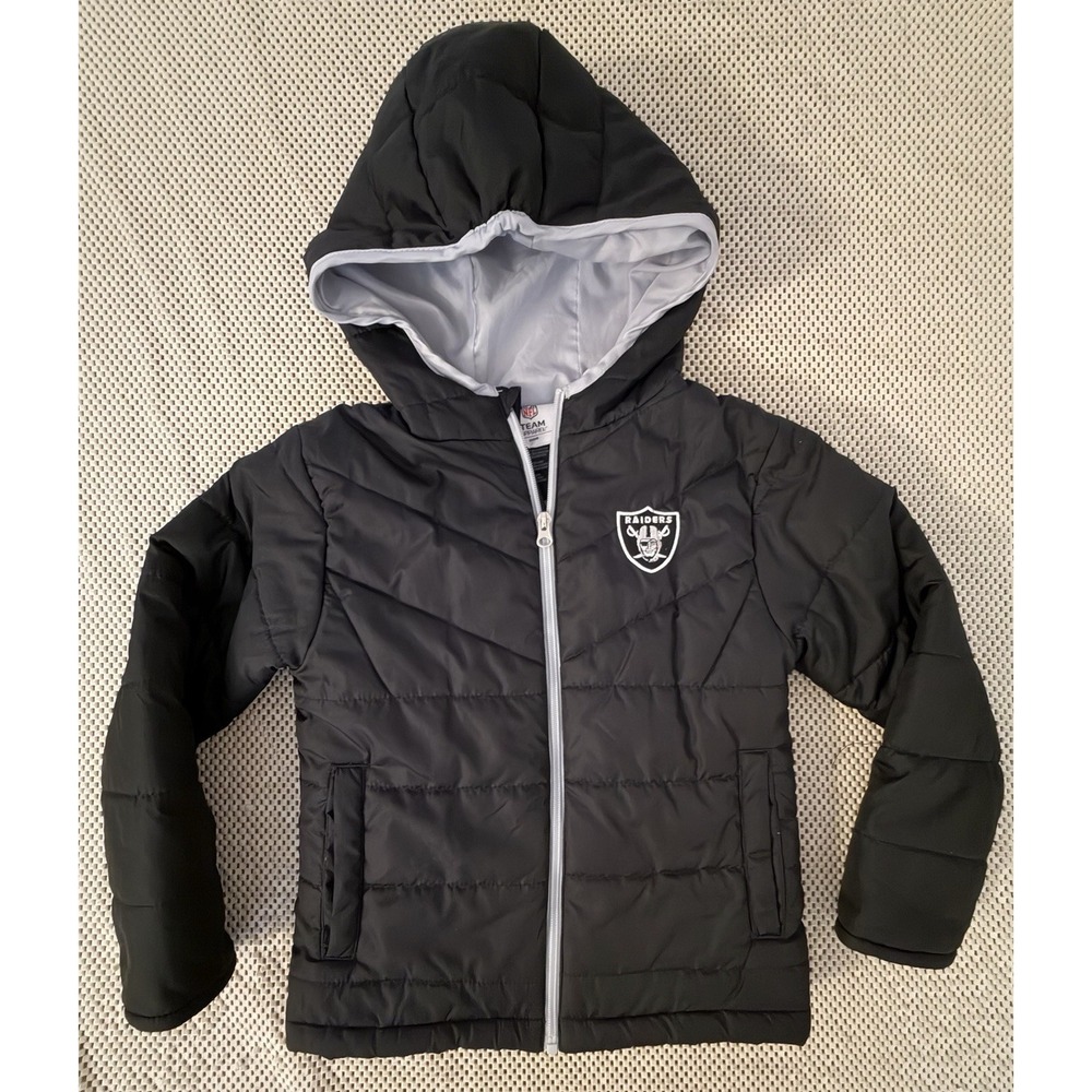 Las Vegas Raiders NFL Team Apparel Puffer Jacket Black Gray Youth Sz XS 4/5 Coat
